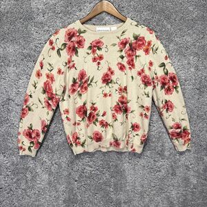 Alfred Dunner Floral Rose Sweater Tan Size Large Knit Beaded Ramie Cotton